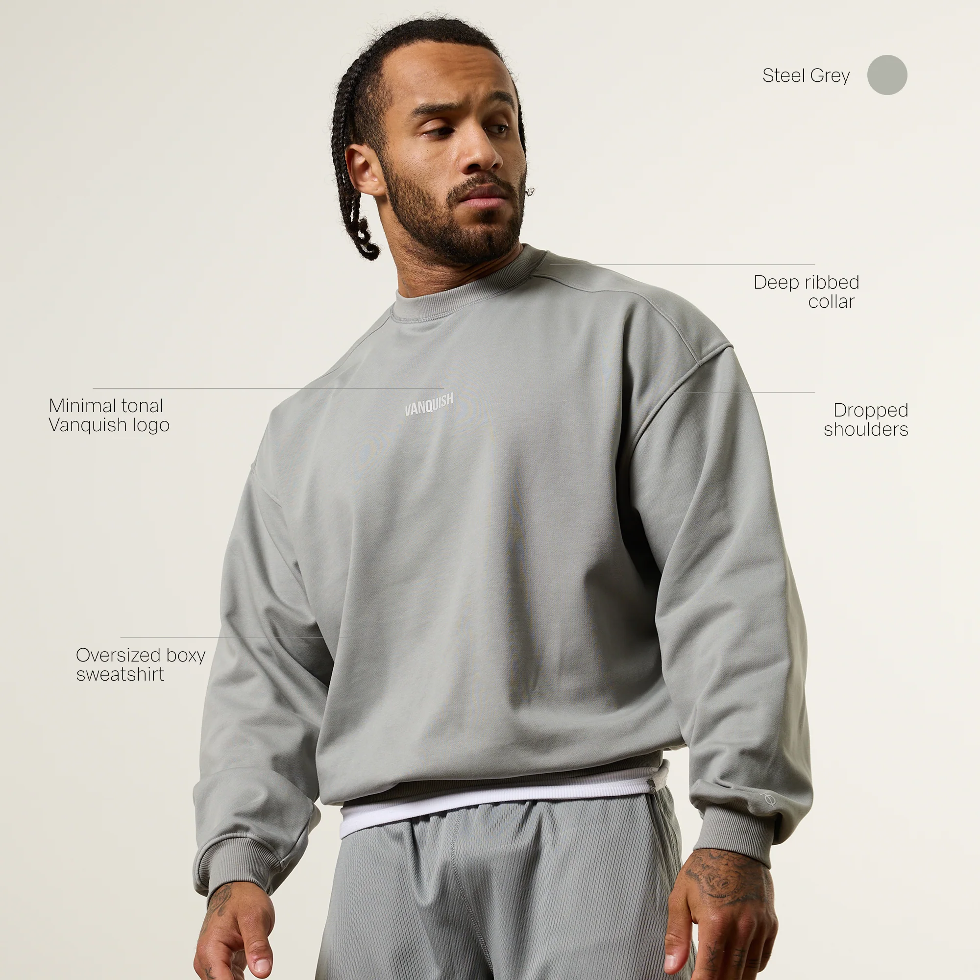 Vanquish Essential V2 Steel Grey Oversized Boxy Sweatshirt - Image 2